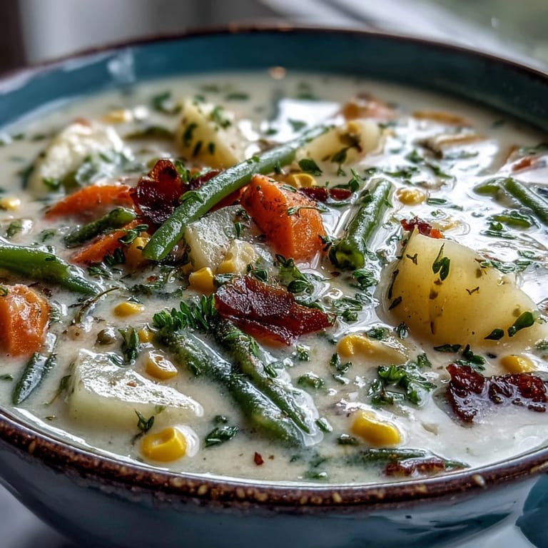 Hearty Amish Snow Day Soup in a rustic kitchen setting, showcasing diced potatoes, carrots, and corn in a savory, velvety broth.