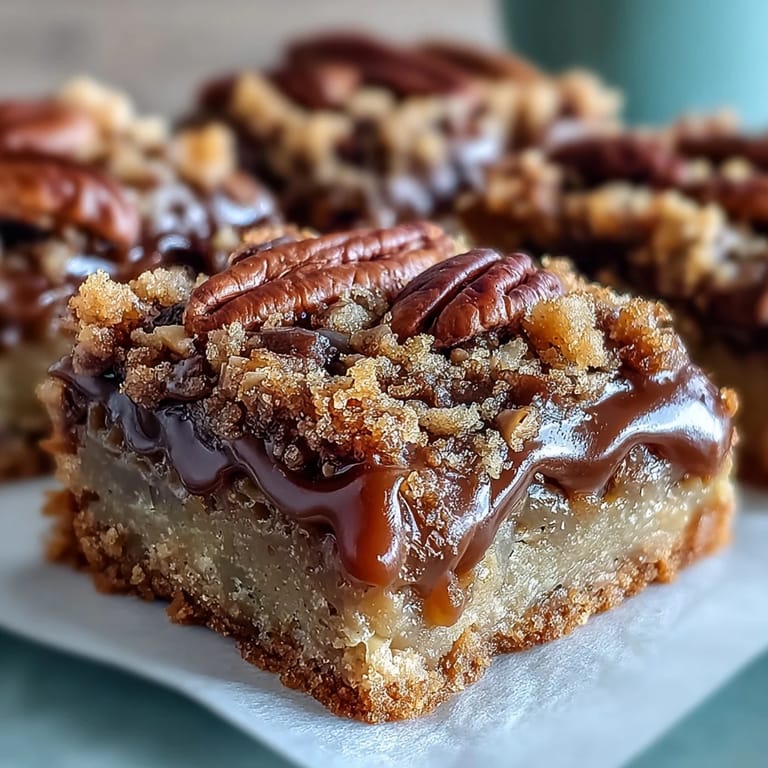 Freshly baked Decadent Sweet and Chewy Turtle Bars cooled on a wire rack, ready to slice and serve.