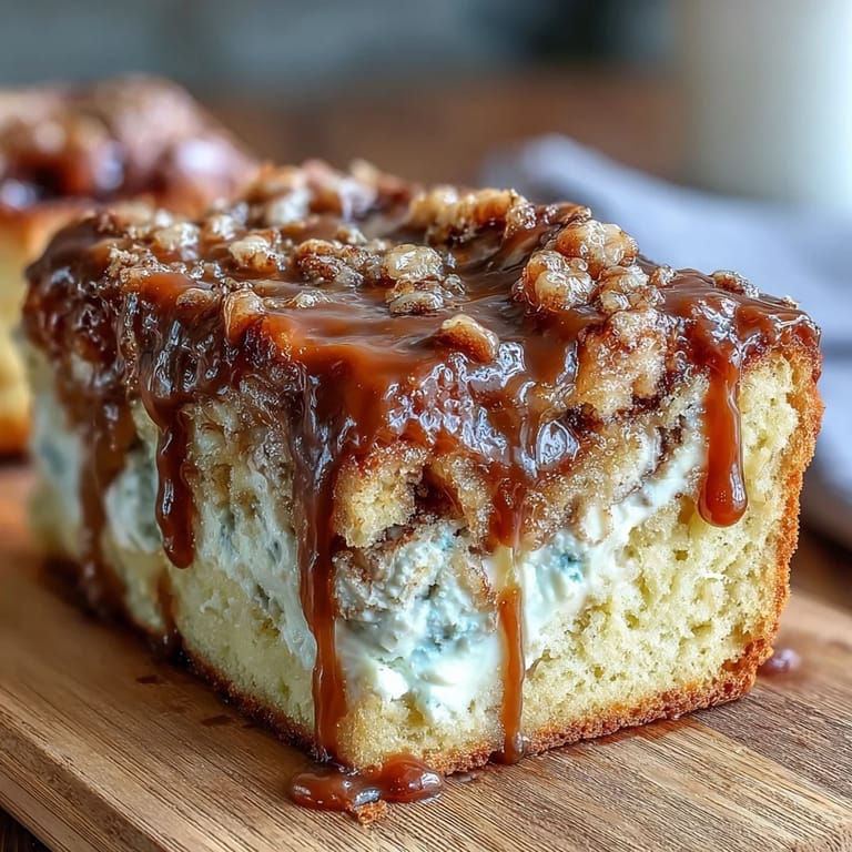 A slice of Caramel Cream Cheese Bread reveals a cheesecake-like swirl and sweet caramel drizzle on a marble plate. 
