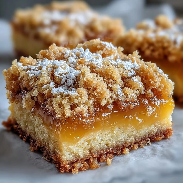 Freshly baked Homemade Lemon Crumb Bars dusted with powdered sugar, cut into squares on a cooling rack.