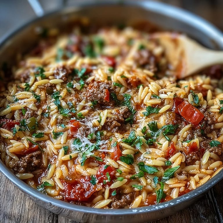 Family-style Comforting Ground Beef Orzo Dinner served with crusty bread alongside a steamy skillet.