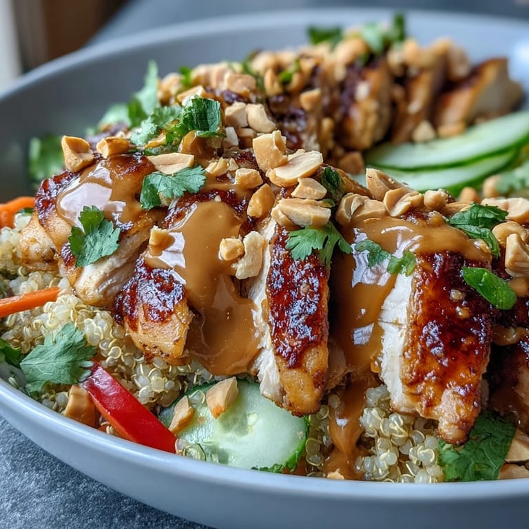 A vibrant Peanut Chicken Power Bowl filled with hearty grains, tender baked chicken, crisp fresh vegetables like cucumber and spinach, and a generous drizzle of nutty peanut sauce, garnished with lime wedges and cilantro.