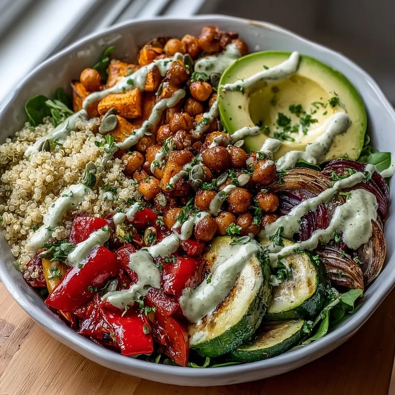 Overhead view of a Chickpea Power Bowl with colorful roasted vegetables, avocado slices, and fresh herbs on a rustic table.