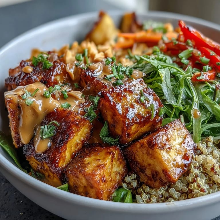 A close-up of the nourishing Peanut Tofu Power Bowl shows crunchy peanuts and fresh herbs garnishing the plant-based meal.