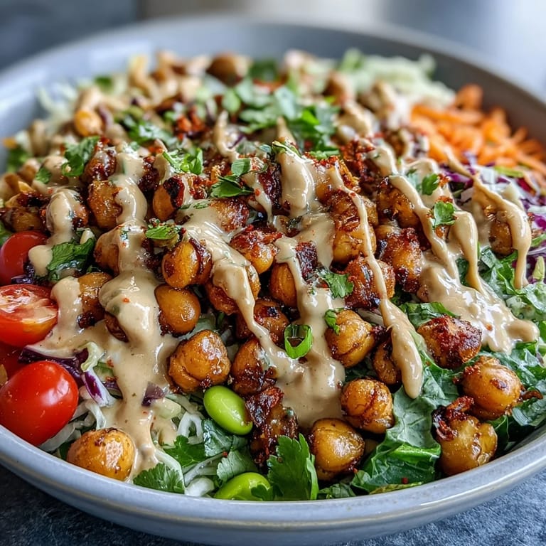 Savor this nourishing Peanut Chickpea Protein Bowl, piled high with fresh carrots, cucumbers, and edamame, glistening with a rich, savory peanut dressing.