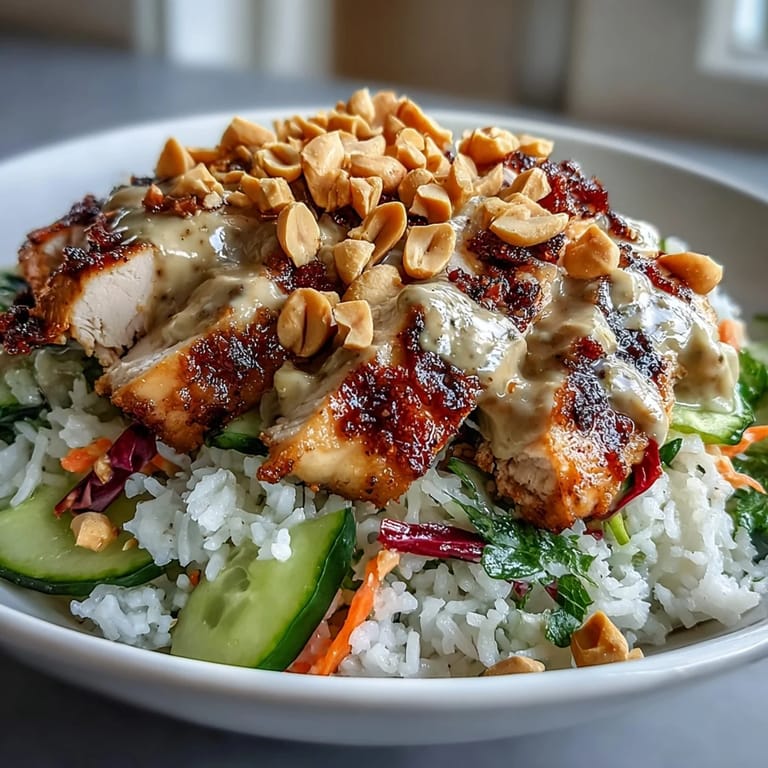 Close-up of a wholesome Fusion bowl featuring tender chicken, edamame, and cilantro resting on aromatic coconut rice with peanut drizzle.
