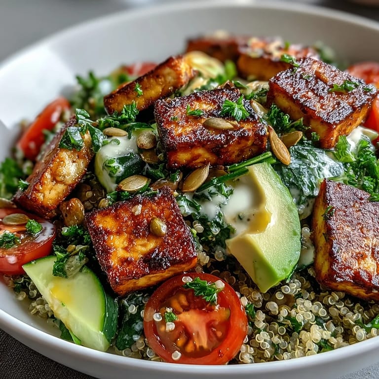 Vibrant Simple Grain Bowl with farro, pan-seared tofu, cucumber, avocado, pumpkin seeds, and crumbled feta, topped with a light olive oil and lemon dressing.
