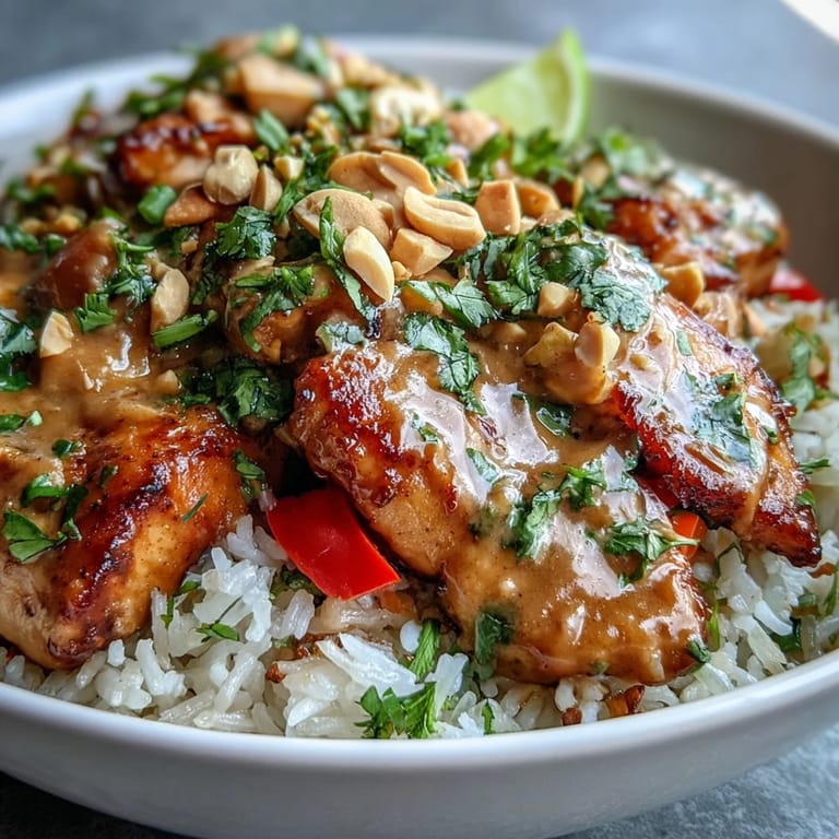 Thai Peanut Chicken Bowl garnished with fresh cilantro, chopped peanuts, and lime wedges, ready for a flavorful weeknight dinner.