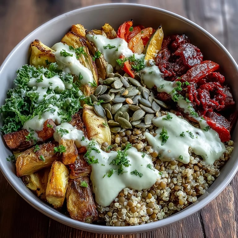 A close-up view of the Lentil Power Bowl reveals colorful caramelized veggies, glossy dressing, and a sprinkle of parsley and pumpkin seeds.