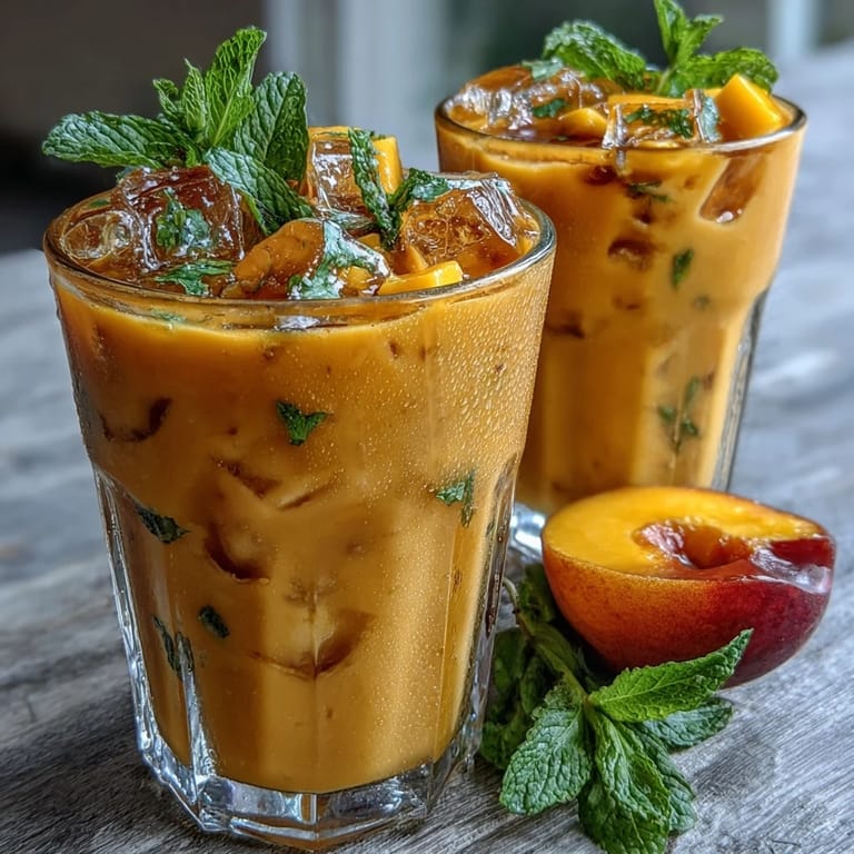 Refreshing mango peach iced tea with bright mint garnish, perfect for cooling down on a hot summer day.