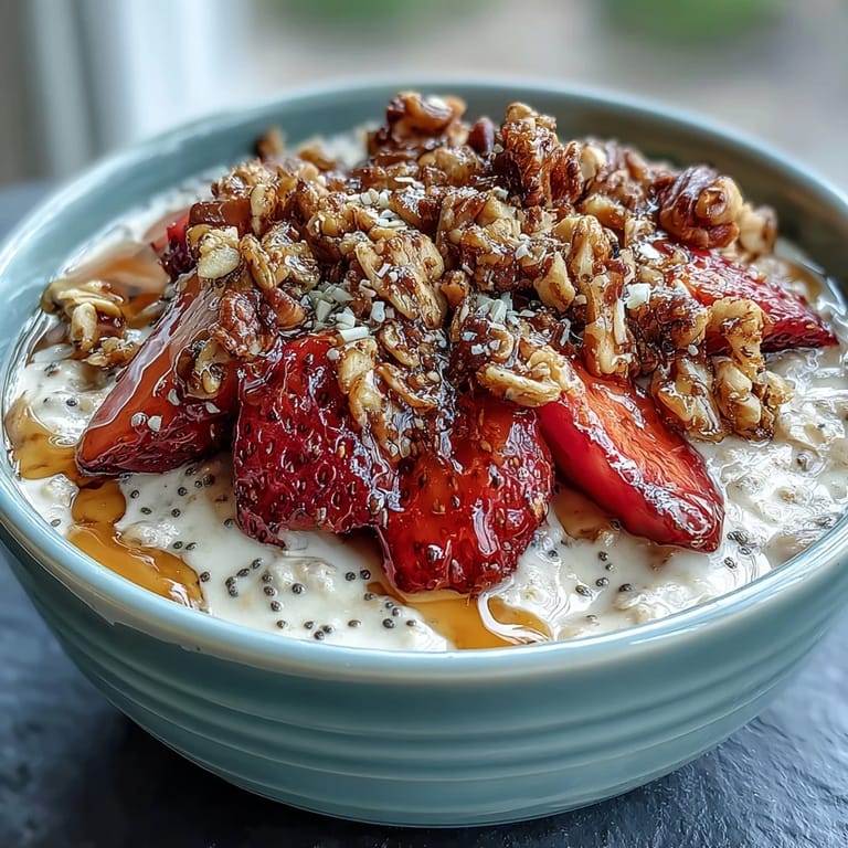 Wholesome strawberry overnight oats with chia seeds, layered with crunchy granola and fresh berries, ready to enjoy.