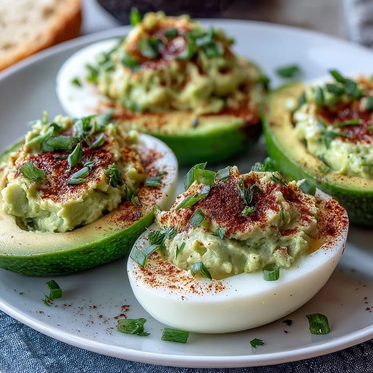 Freshly made avocado deviled eggs with a smooth filling, perfect for healthy party snacks or spring gatherings.  