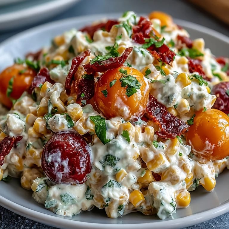 A close-up shot of creamy corn salad with jalapeño, garnished with fresh cilantro in a decorative bowl.