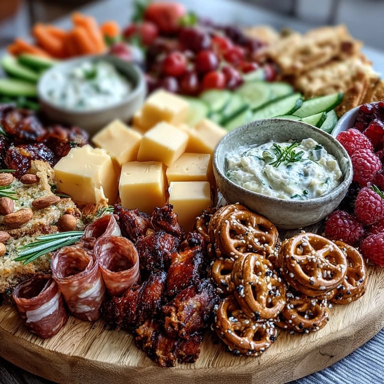 Eye-catching snack board with sweet treats, crunchy pretzels, and fresh veggies perfect for party guests.