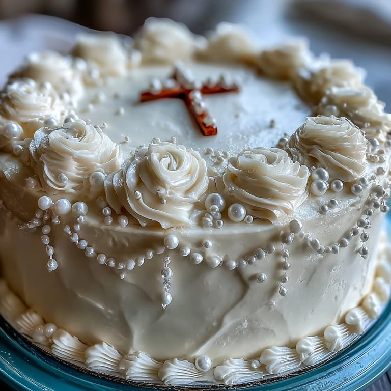 Soft vanilla cake layers with smooth buttercream, finished with handmade white fondant roses and a symbolic cross topper.