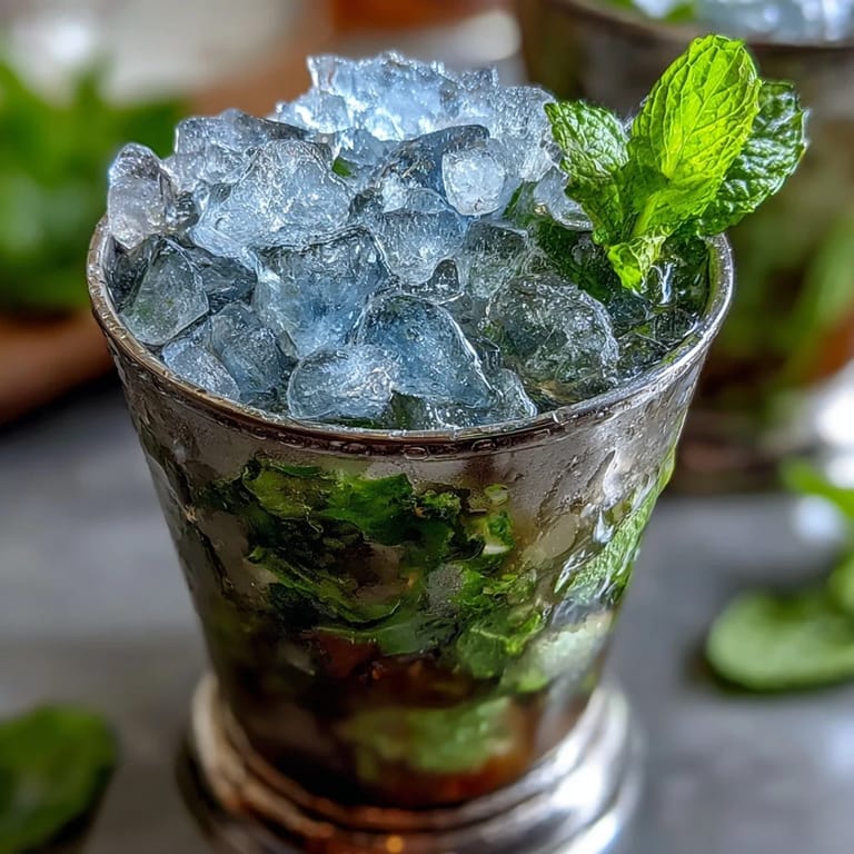 A chilled mint julep mocktail with sparkling water, lemon juice, and an abundance of fresh mint sprigs.