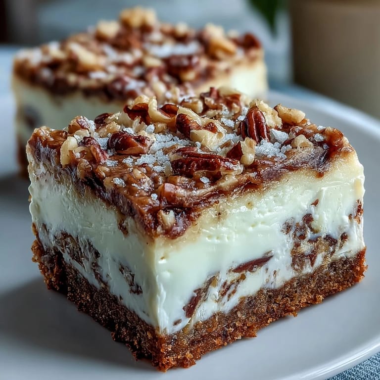 Decadent layered carrot cake cheesecake bars featuring moist carrot cake batter swirled with tangy cheesecake, baked to golden perfection.