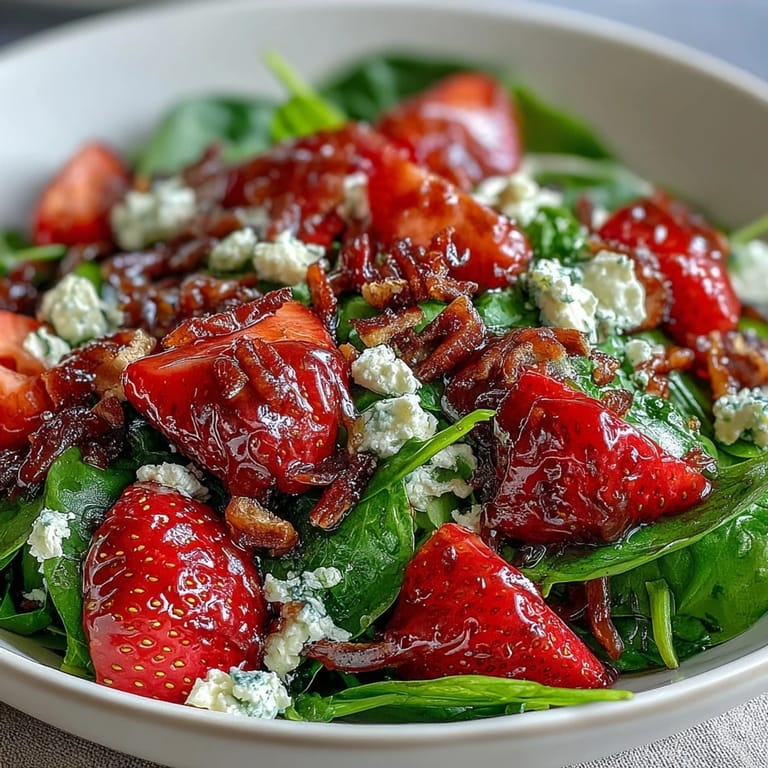 Fresh and vibrant Spring Strawberry Spinach Salad, combining juicy strawberries, baby spinach, and crumbled goat cheese with a honey balsamic dressing.