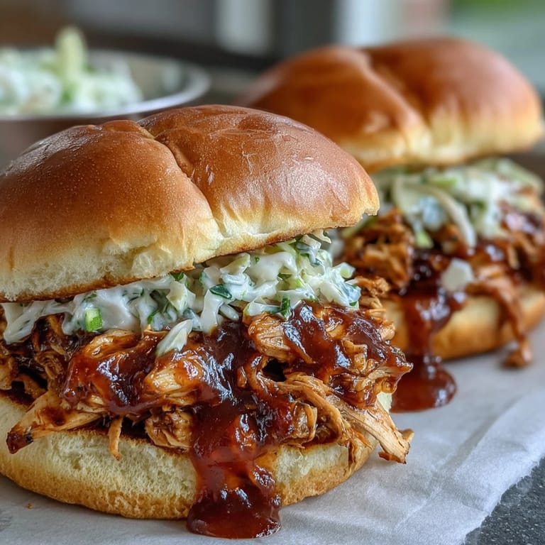 Slow-cooked pulled BBQ chicken in smoky sauce, served on soft buns with crunchy coleslaw for a hearty meal.