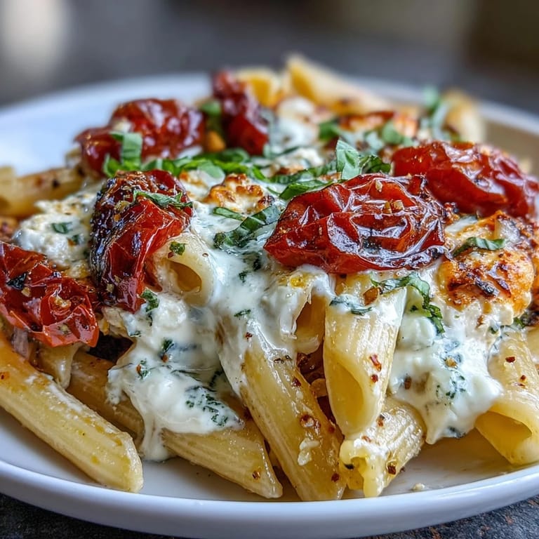 Golden-baked feta cheese melts into a rich sauce with bursting cherry tomatoes, tossed with pasta and fragrant basil leaves.