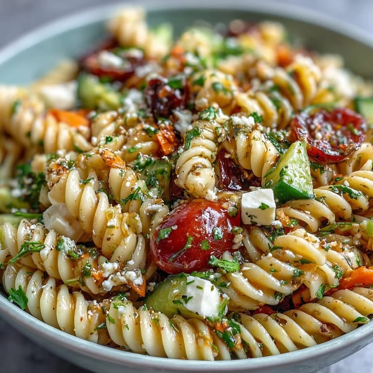 A festive Memorial Day pasta salad with al dente rotini, fresh veggies, and Italian dressing, perfect for summer cookouts and holiday gatherings.