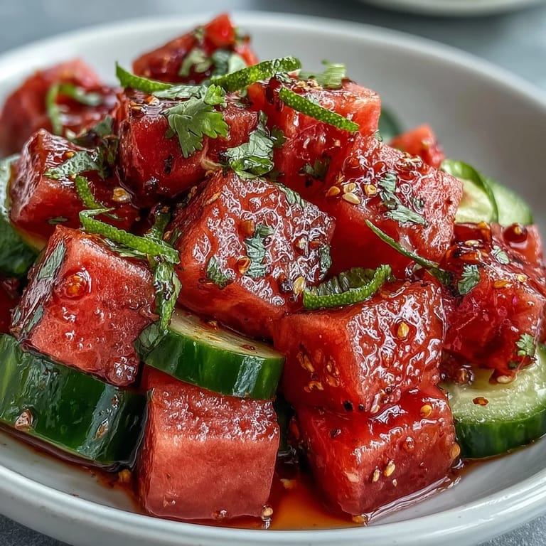 Colorful watermelon cucumber salad topped with Tajin and lime zest, garnished with cilantro for a vibrant, healthy side perfect for warm-weather gatherings.