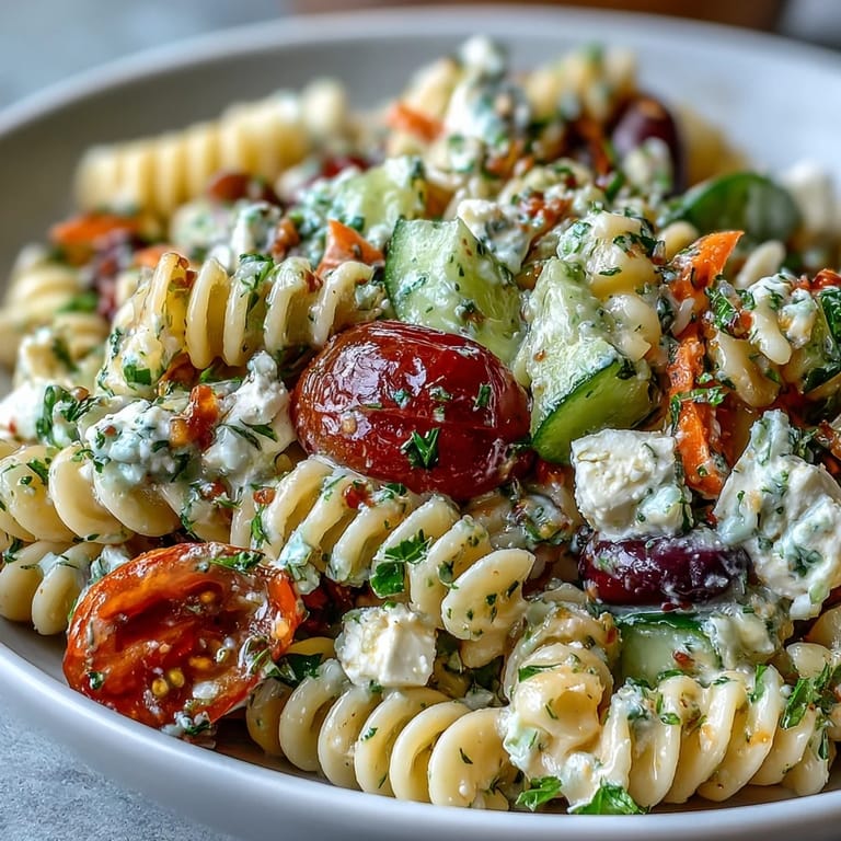 This vibrant pasta salad features juicy cherry tomatoes, crunchy cucumbers, and sweet bell peppers, all coated in tangy Italian dressing for a refreshing side.  