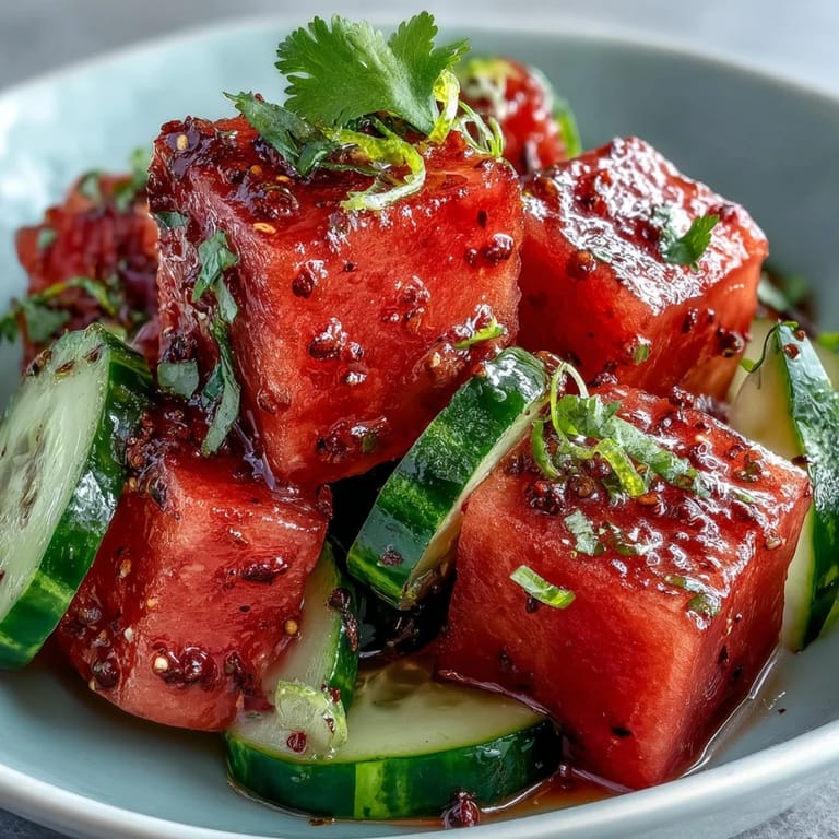 Refreshing summer salad with Tajin and lime, combining sweet watermelon, crunchy cucumber, and bright citrus notes for a light, flavorful dish.  