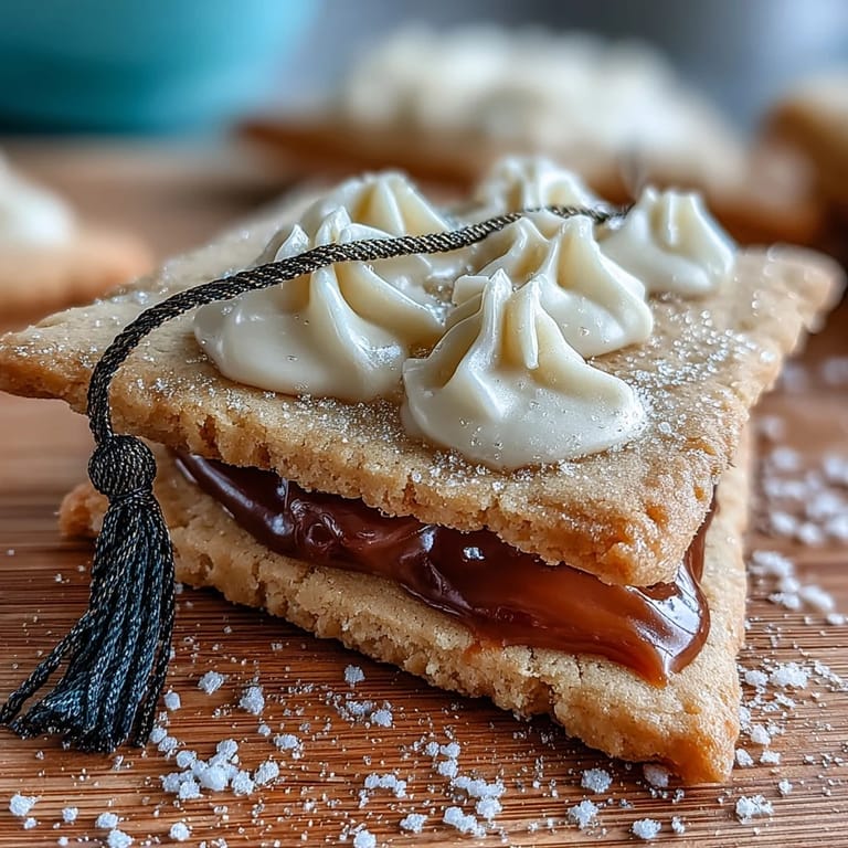Buttery sugar cookies shaped like diplomas and caps, adorned with intricate gold royal icing details for a festive graduation party dessert.