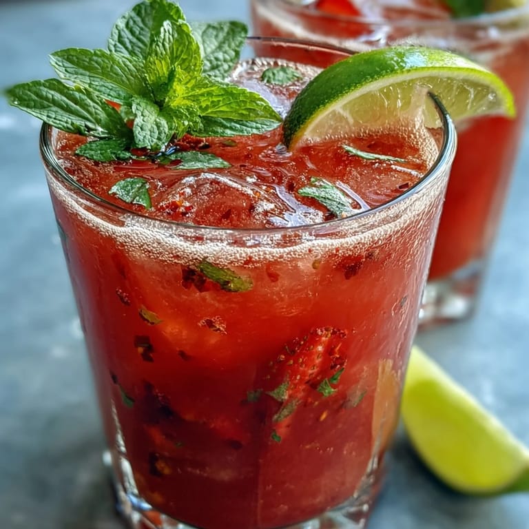 Vibrant strawberry chili limeade mocktail, perfectly chilled, hinting at spicy-sweet summer refreshment.