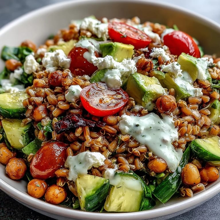 Hearty Ancient Grains Bowl with tender farro, quinoa, and fresh vegetables.