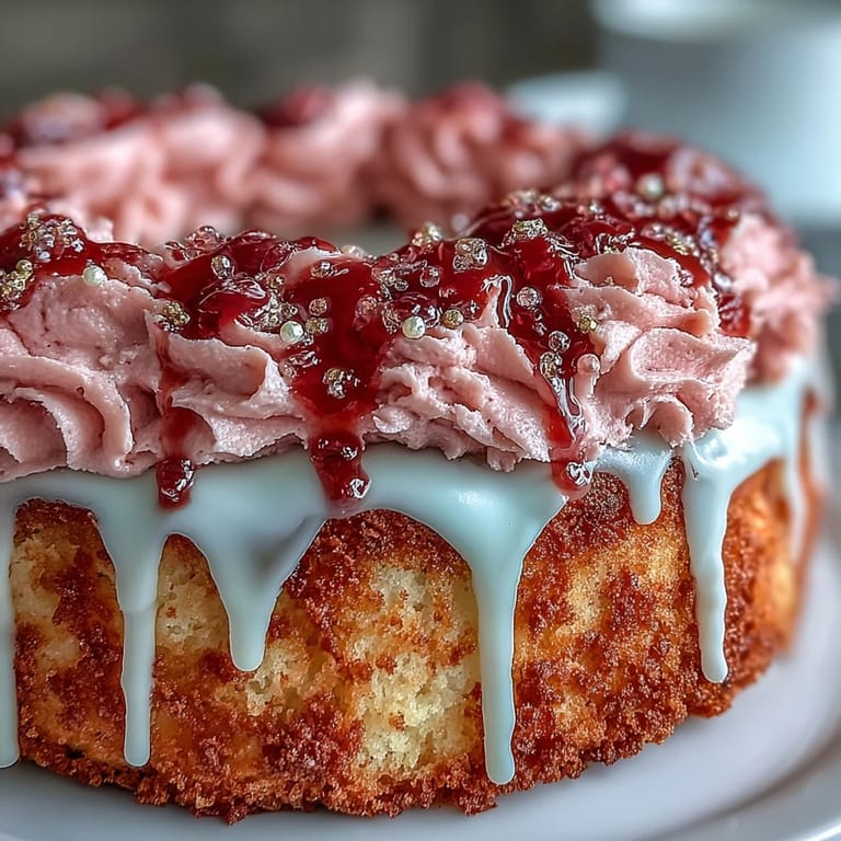 Close-up of moist Bridal Shower Rosé Velvet Cake featuring creamy frosting and glistening gold accents.