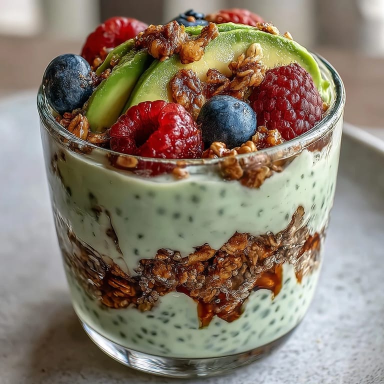 Vibrant Fiber-Rich Avocado Chia Pudding Parfait, layered beautifully with fruit and granola.