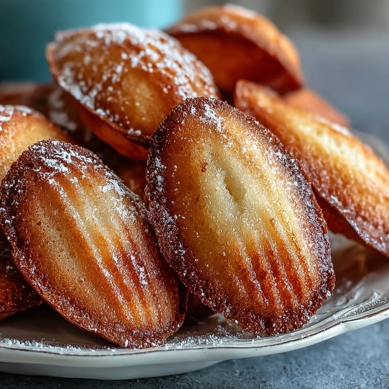 Tender soft homemade madeleines fresh from the oven, showcasing their classic French form.