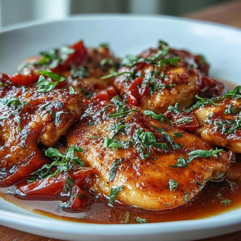 Delicious Easy Basque-Style Chicken dish, showcasing rich flavors and a beautifully cooked chicken thigh.
