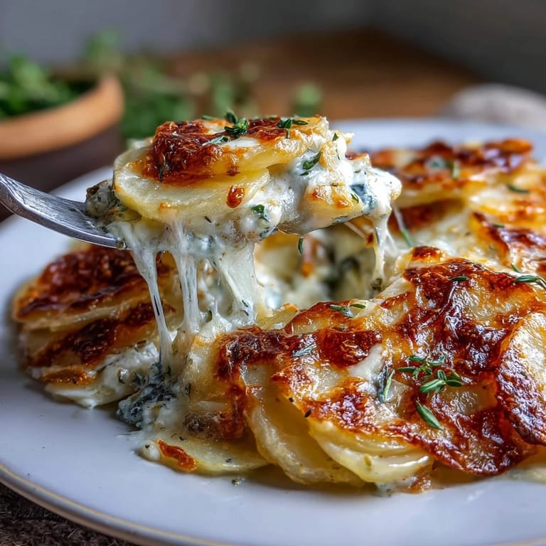 Creamy, cheesy Light Dauphinois Potato Gratin ready to be served hot.