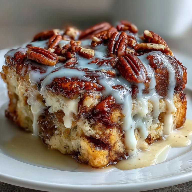 Easy baked cinnamon roll casserole with juicy, spiced peaches.