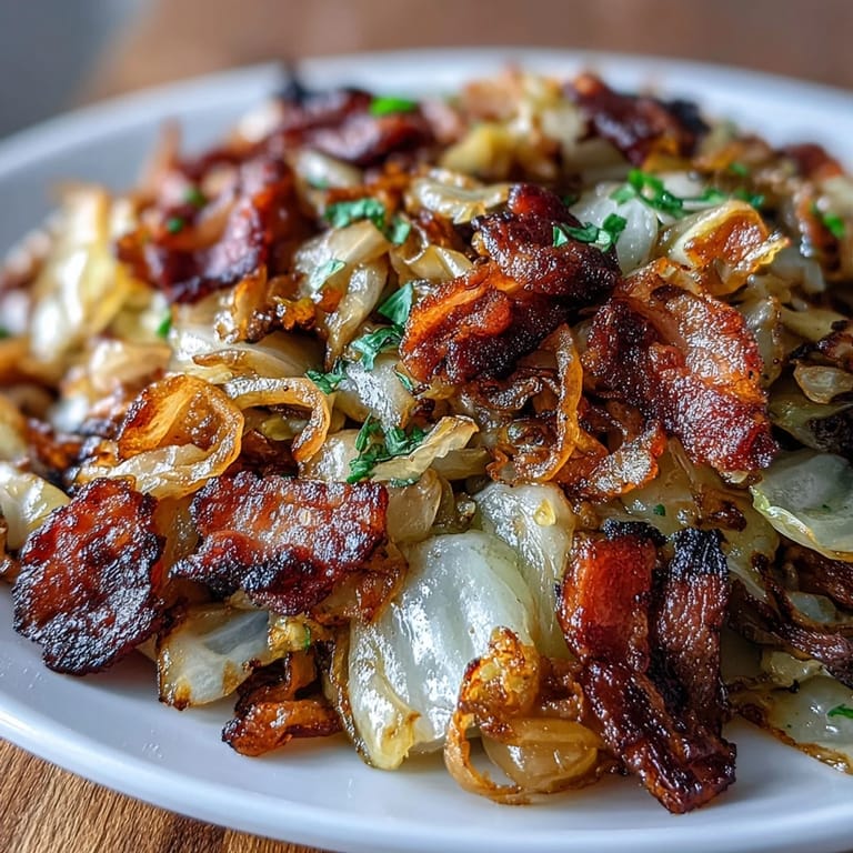 Sautéed cabbage with smoky bacon and onions, ready to enjoy hot.