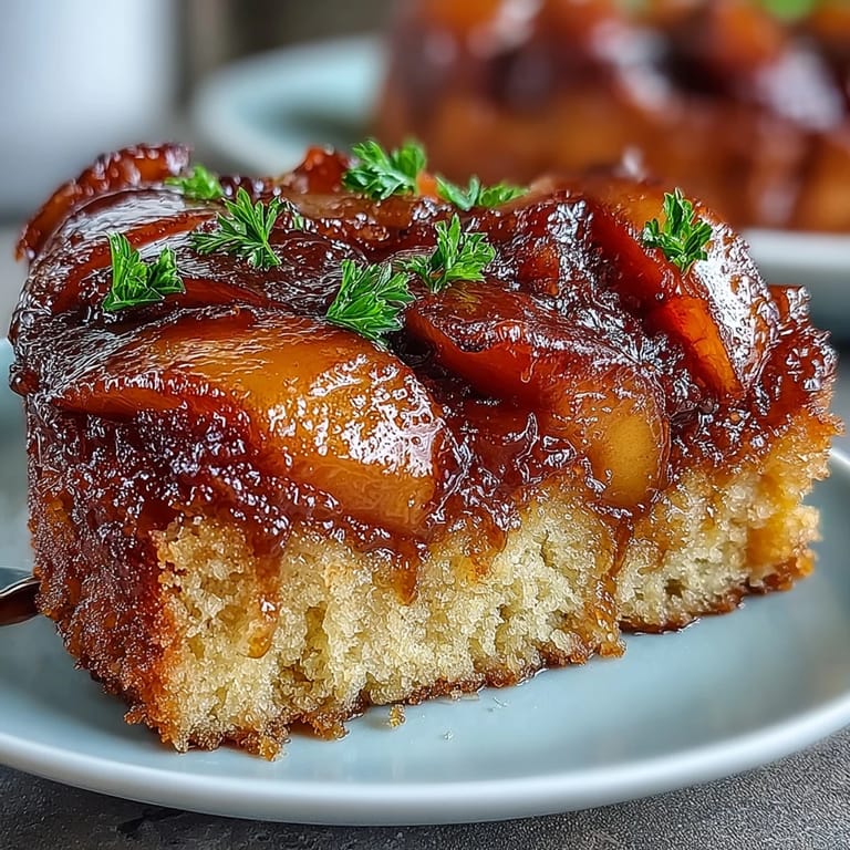Decadent brown sugar peach upside-down cake, showcasing sweet, tender fruit slices.