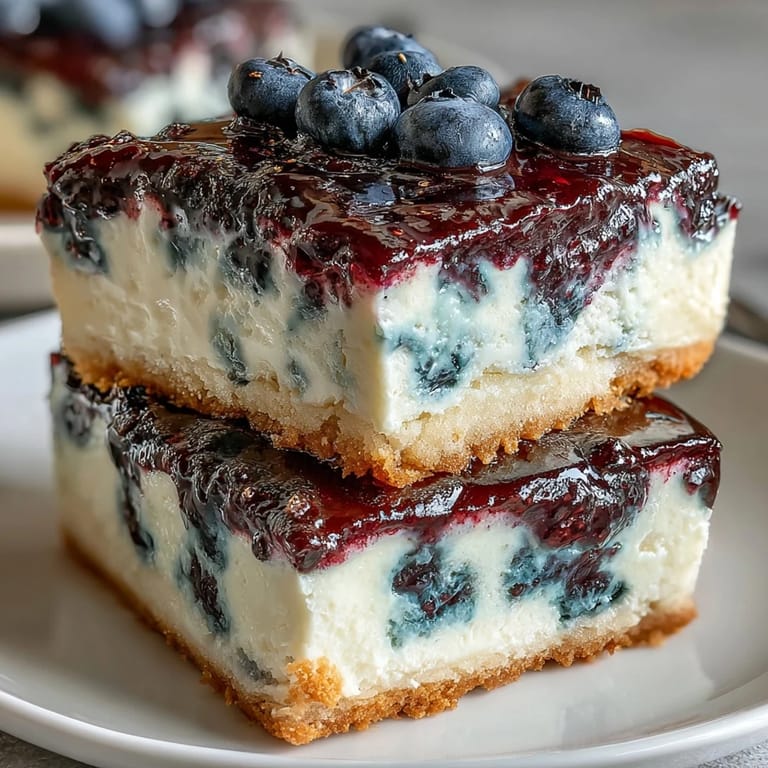 Delicious No-Bake Lemon Blueberry Cheesecake Bars ready for serving.