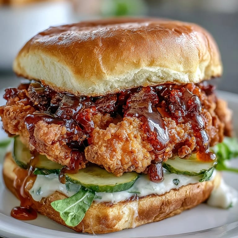 Stacked Hot Honey Chicken Sandwich showing off its spicy glaze and brioche bun.
