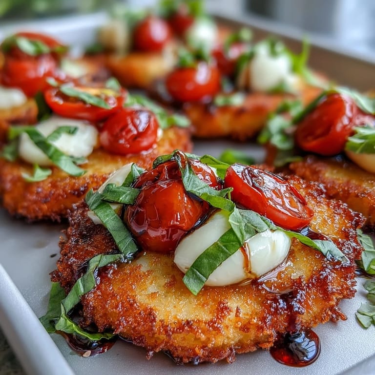 Delicious Crispy Rice Caprese salad serving suggestion with balsamic glaze drizzle.