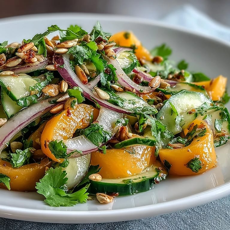 Colorful Mango Cucumber Tajín Ribbon Salad with toasted pepitas, ready to serve.