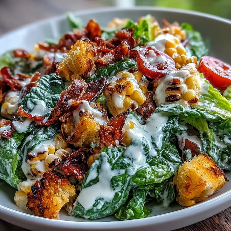 Delicious Charred Corn Caesar Salad piled high with Parmesan and croutons.