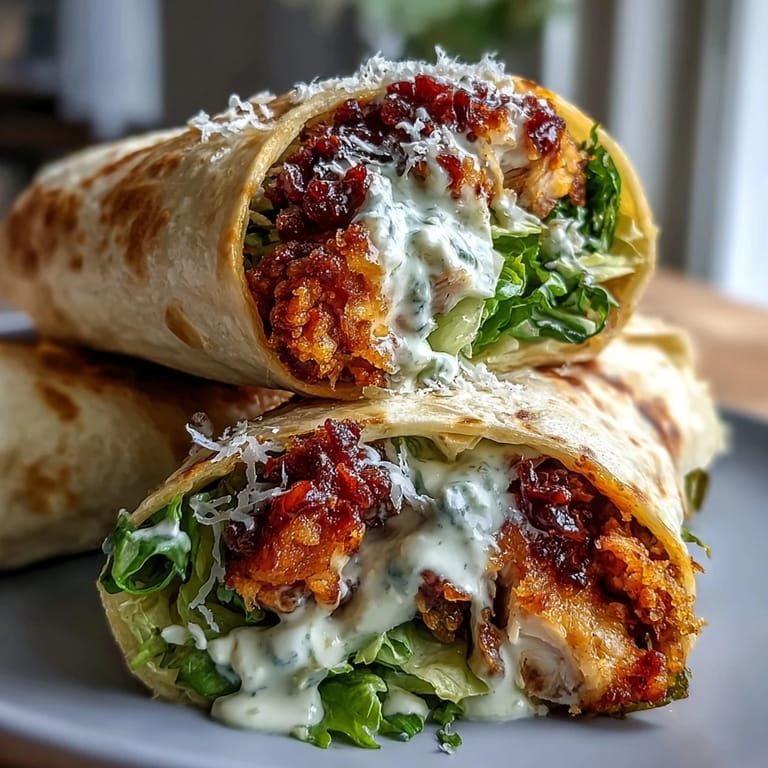 A generously filled Crispy Chicken Buldak Caesar Wrap bursting with fresh, spicy ingredients.