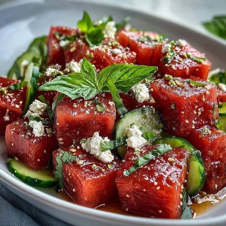Refreshing watermelon feta salad bowl, finished with a nutty, spiced pistachio dukkah.