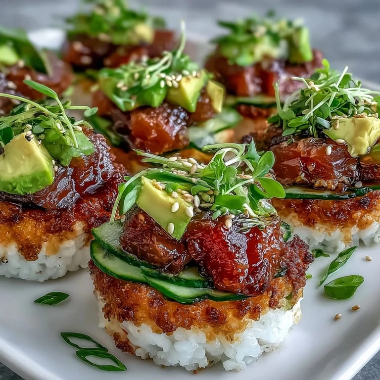 Flaky tuna poke piled high on crunchy fried sushi rice cups, a delightful appetizer.