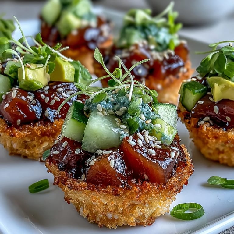 Golden, bite-sized crispy rice tuna poke cups ready for party guests, delicious and vibrant.