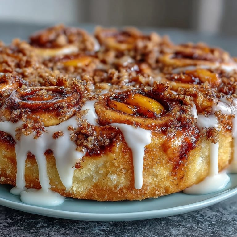 Slice of Peach Cobbler Cinnamon Roll Bake, baked golden with tender fruit.