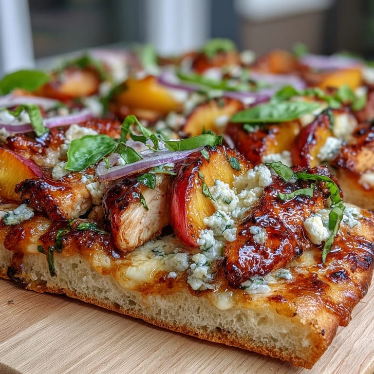 Juicy peaches and chicken create a delicious Hot Honey Peach Chicken Flatbread, ready to serve.